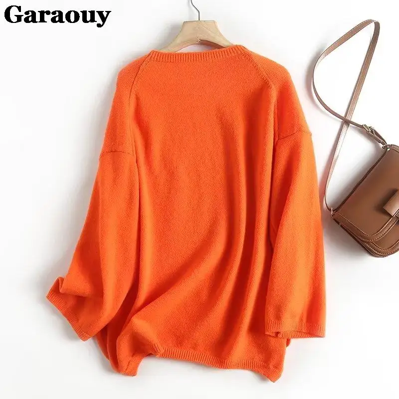 Garaouy 2023 Autumn Women Orange Knit Sweater Casual Versatile Jumper Round Neck Long Sleeve Female Soft Warm Oversize Pullovers