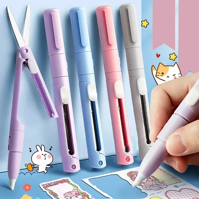 Mini Portable Scissors Paper Cutter Knife Morandi Color 2 In 1 Multifu Pocket Pen Shape Scrapbooking Carving Cutting Art Tools