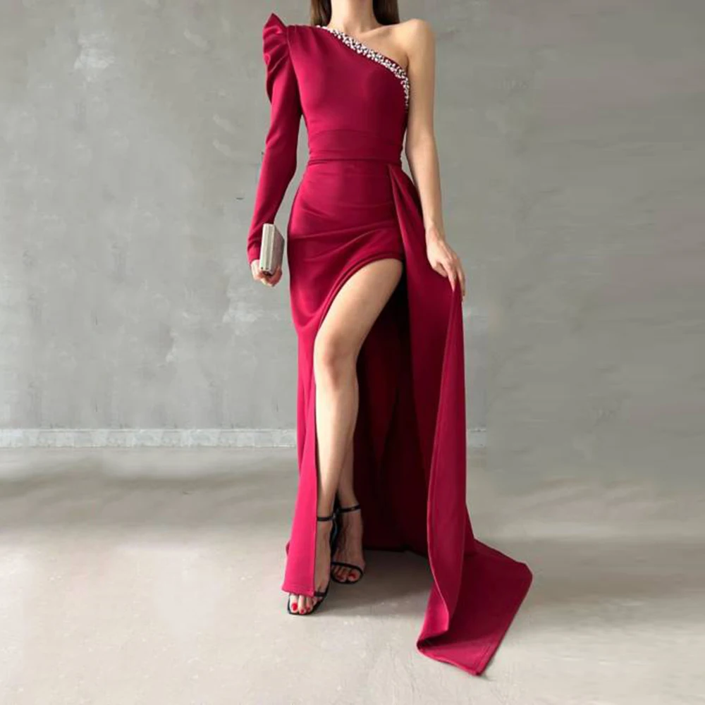 

New Simple Bead One Shoulder Long Sleeve Slit A-line Slim Prom Dress Sexy Evening Party Exquisite Cocktail Evening Dresses