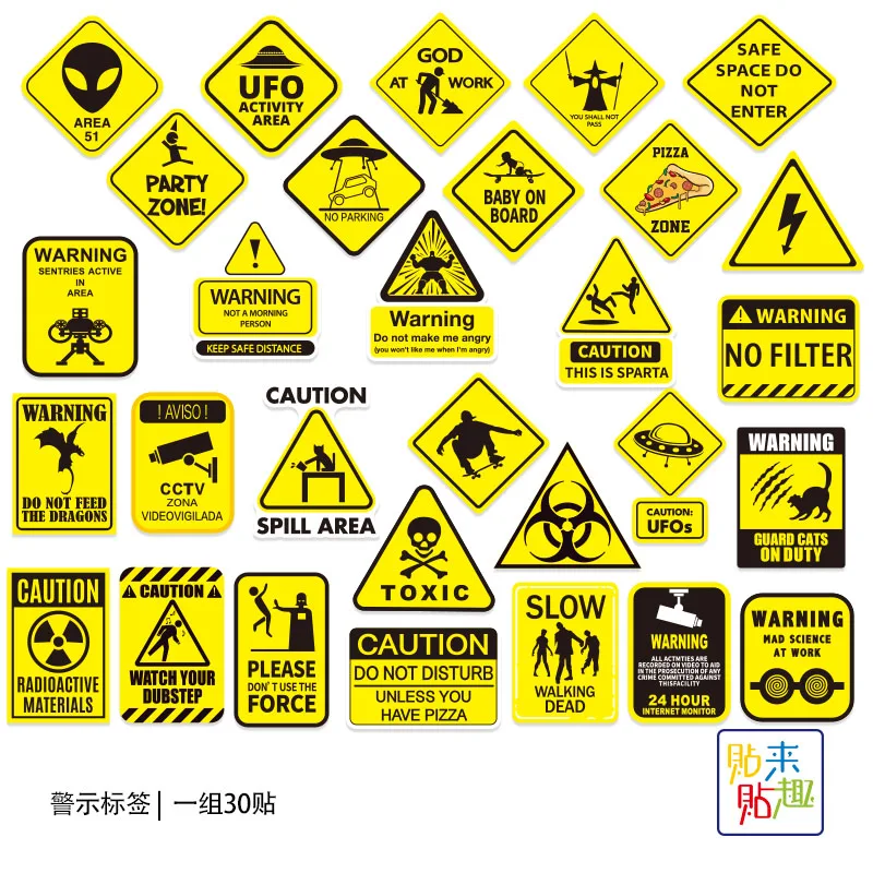 30pcs Funny Warning Hazard Stickers Yellow Caution Sign Decals UFO Radioactive Toxic Biohazard Alien Sticker for Auto Truck Moto