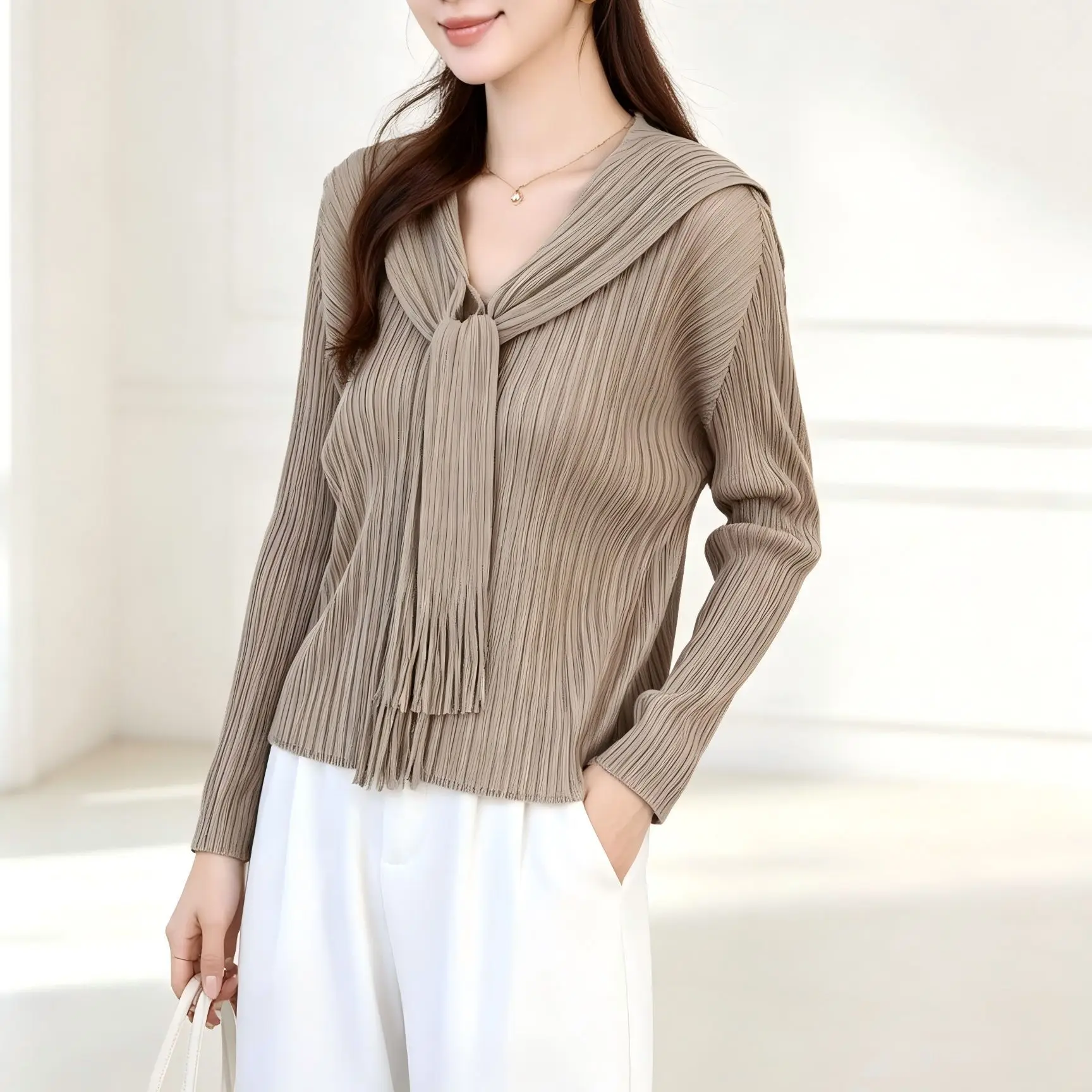 Miyake Women Sailor Collar Tassel Tie Pleated Blouse, V‑Neck Button Decor Long‑Sleeve Loose Cropped Casual T‑Shirt