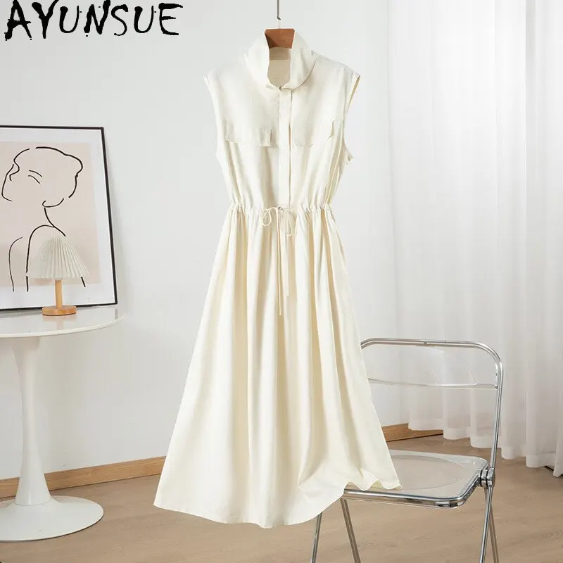

AYUNSUE 100% Silk Dresses for Women Casual Sleeveless Long Dresses Solid Color Commuting Summer Dress 2026 Woman Clothes Vestido