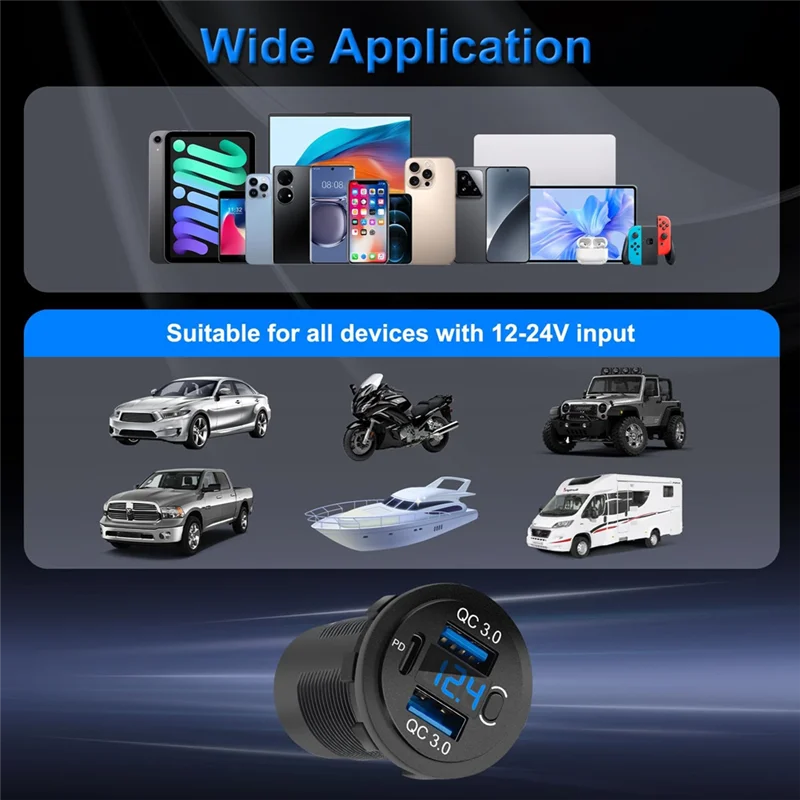 

BTLIFE-Dual QC3.0 18 Вт PD 30 Вт Порт быстрой зарядки, разъем автомобильного зарядного устройства USB C с вольтметром, водонепроницаемость 12 В для автомобиля для морского боа