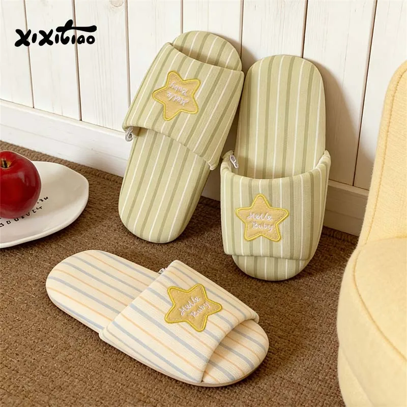 XIXITIAO Indoor Stripe Slippers Women Men Four Seasons Couples Star Embroidery Open-Toe Soft Light Home Flat Floor Shoes Unisex