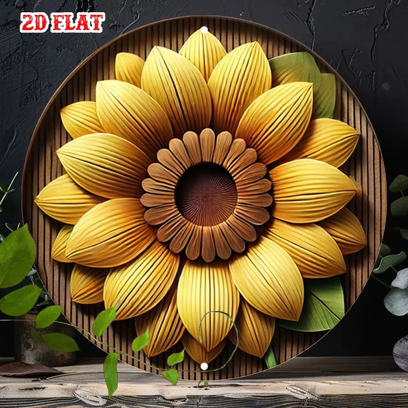 2D Flat, 1pc Vintage Sunflower Metal Wall Art - Rustic Aluminum Round Sign with Large Yellow Sunflower & Brown Petals