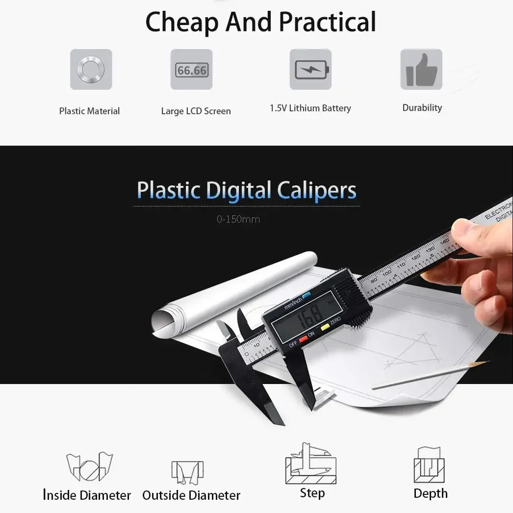 Electronic Digital Caliper, Inch and Millimeter Conversion, LCD Screen Display 0-6” Caliper Measuring Tool, Auto Power Off