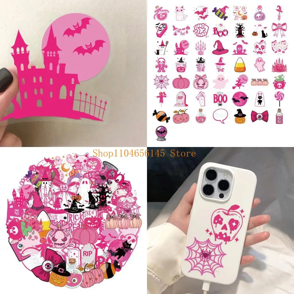 

5asd Reusable Halloweens Stickers Pack Of 50 Pink Cartoon Designs Waterproof Decals For Laptops Tablets Craft Projects