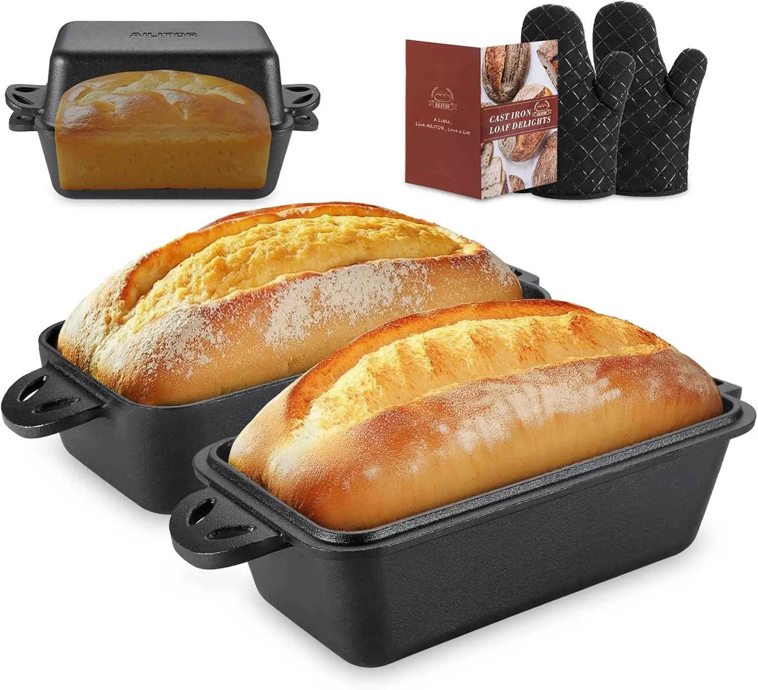 

9x5 Inch Cast Iron Loaf Pan with Lid - 2-Piece Set for Homemade Bread Baking