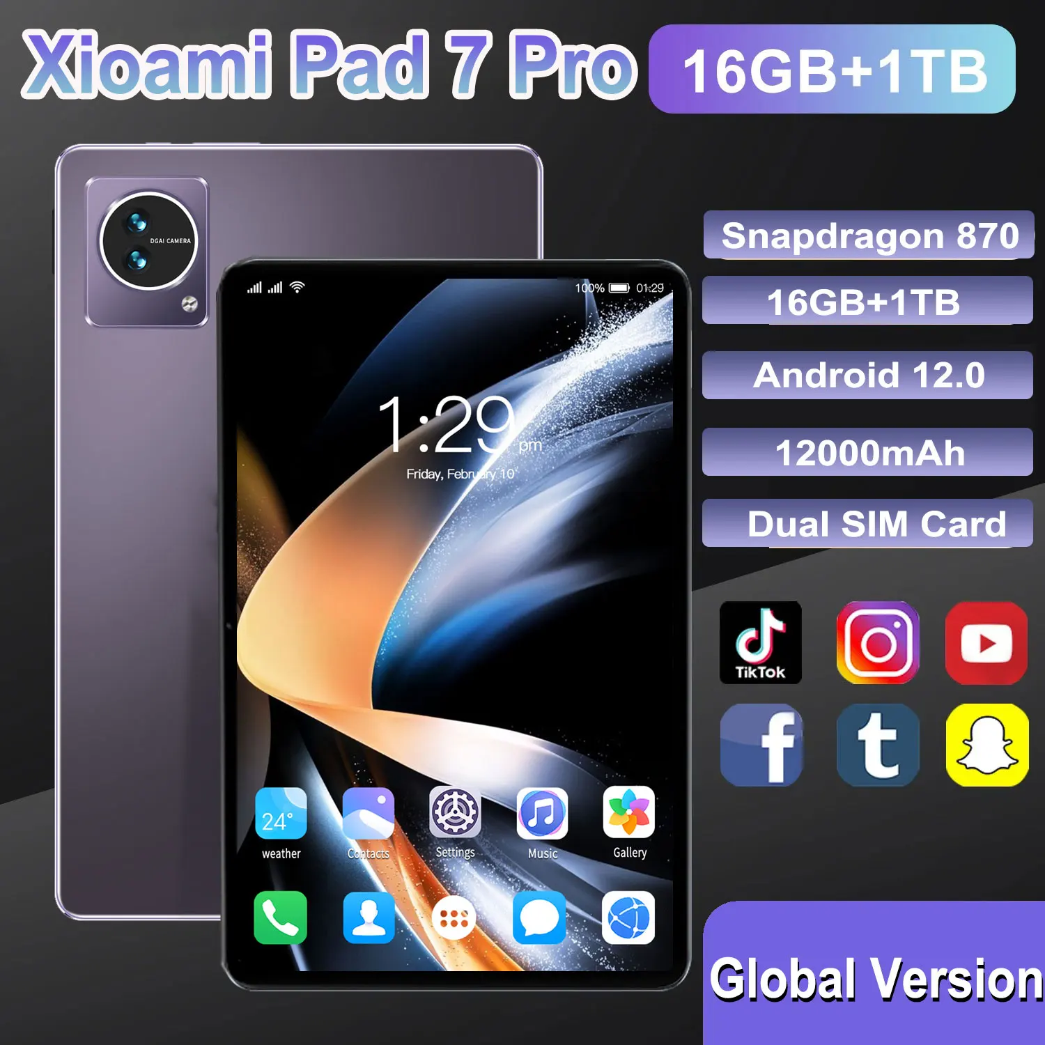 Original Xioaml Pad 7 Pro Global Version 10.1Inch Tablets Android 12 Snapdragon 870 Mini PC 12000mAh 16GB+1TB Dual SIM WiFi Tabs