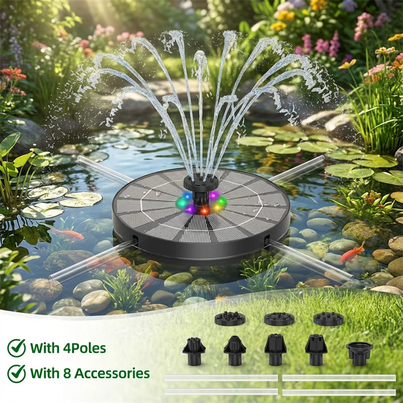 3.5W Outdoor Solar Fountain Pump With LED Light Solar Bird Bath Fountain Built-in 3000mhA Battery with 8 Nozzles for Garden Pond