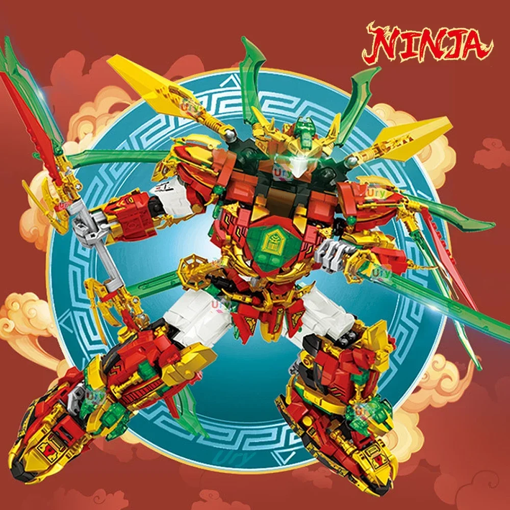 2 in1 Ninja Red Warrior Robot Battle Mech Flying Fire Dragon Set Fighter Figures Building Blocks Toys for Kids Boys Chritmas Gift