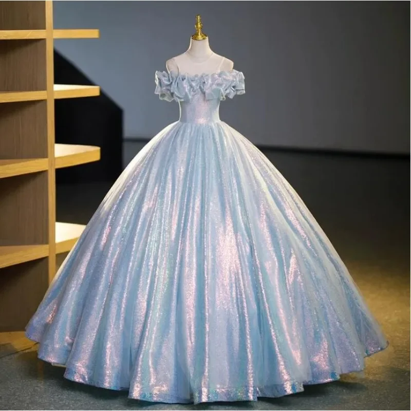 2023 Princess Ball Gown Off- Shoulder Cinderella Blue Wedding Dress Bridal with Corset Back Dresses for Women Evening Dresses