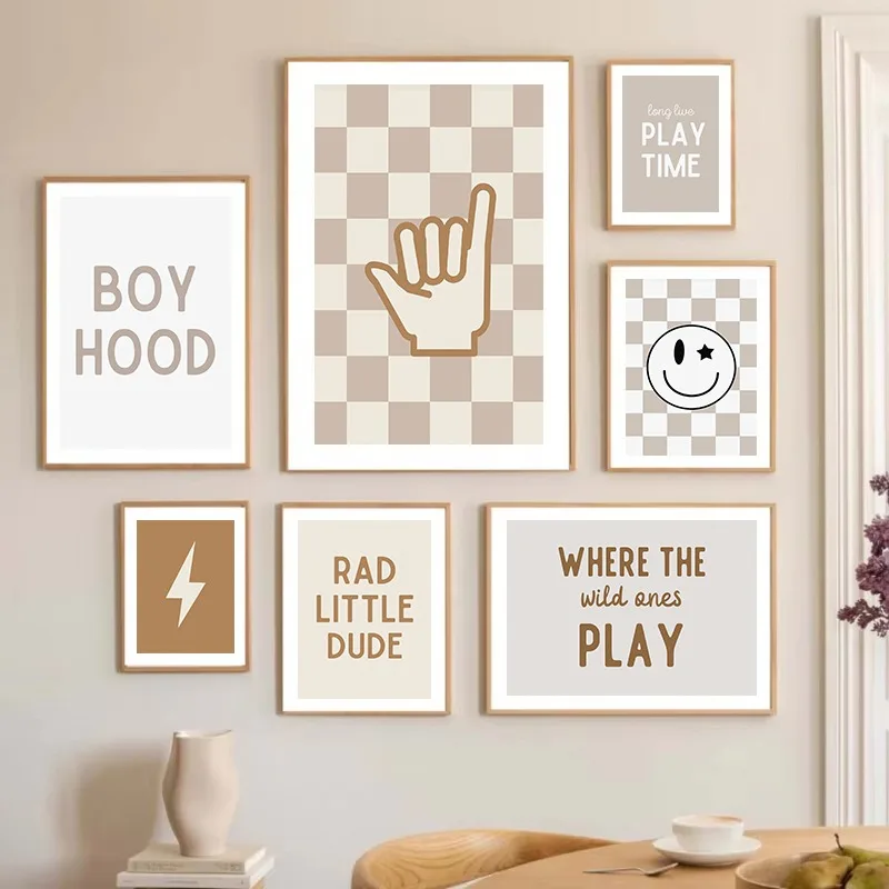 Neutral Nursery Wall Art Checkered Toddler Poster for Baby Boys Room Decor with Surfer Shaka Sign Lightning Bolt Kids Design
