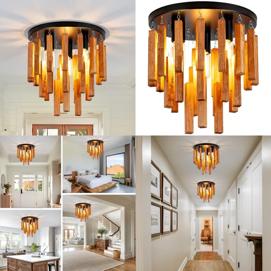 

Farmhouse Light Fixture, 3-Light Wood Ceiling Light, Rustic Light Fixture with Wood and Black Metal Finish, Farmhouse Semi Flus