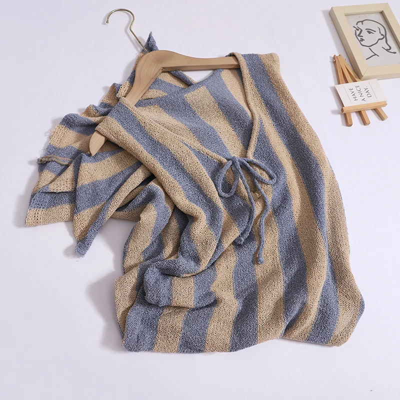 

Striped Knitted Tank Dress Women's High Slit Retro Fashion Dresses with Bow V-neck Korean 2024 New Dress