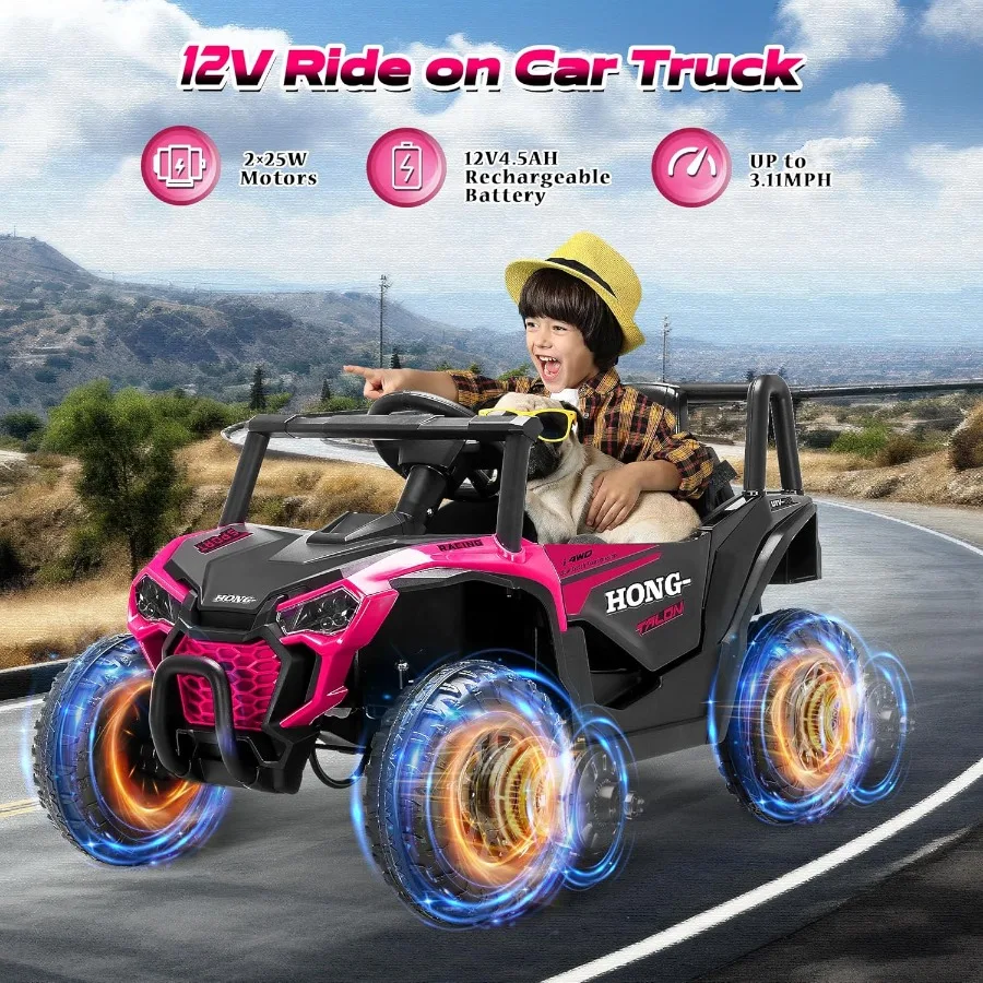 12V Electric Car Ride on Car Truck with Remote Control LED Lights 3 Speed Adjustable Music Safety Belt Soft Start Horn Ride on