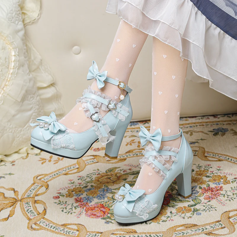 

Summer 2022 Ladies Heels Platform Cute Bow Lace Princess Mary Jane Lolita Shoes Party High Heel Buckle Women Pumps Girls Sweet 8