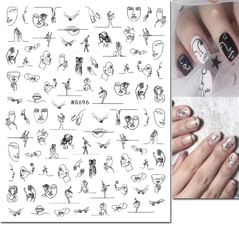 Adesivi per Nail Art 3d linee nere astratte ragazze foglie fiori Butterflys cursori adesivi decalcomanie per Manicure per unghie