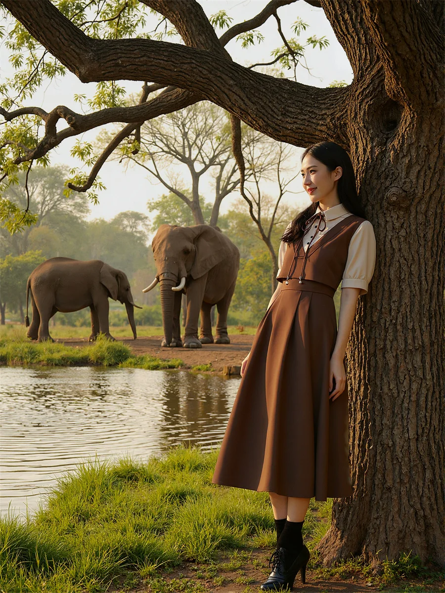 Vestidos femininos casuais e de dia estilo preppy cáqui meia panturrilha plissado à mão babados franzido smocking em camadas empilhados