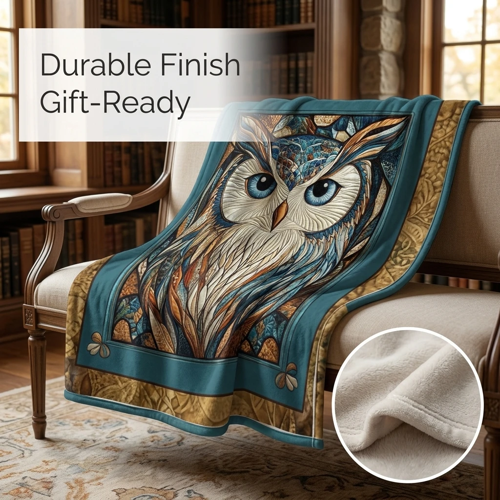 1PC Boho Quilted Teal & Brown Owl Thick Flannel Throw Blanket, Soft Warm Portable Throw, Perfect Gift for Adults Boys Girls