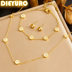 DIEYURO 316L Stainless Steel Roman Numeral Circular Zircon Necklace Bracelet Suit For Womens 2024 New TrendNon-fadingjewelry Set