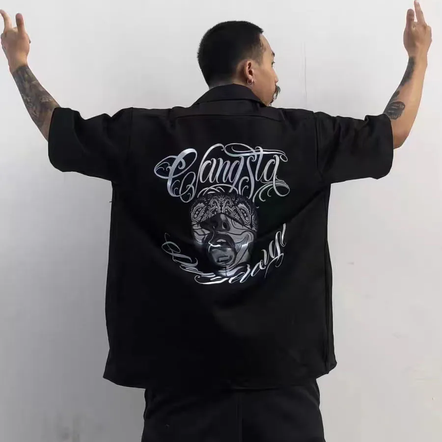 West Coast Harajuku Hip Hop Graffiti Letter Print Summer Shirts Y2K Men and Women Lapel Oversize Casual Tops Spliced Retro Shirt