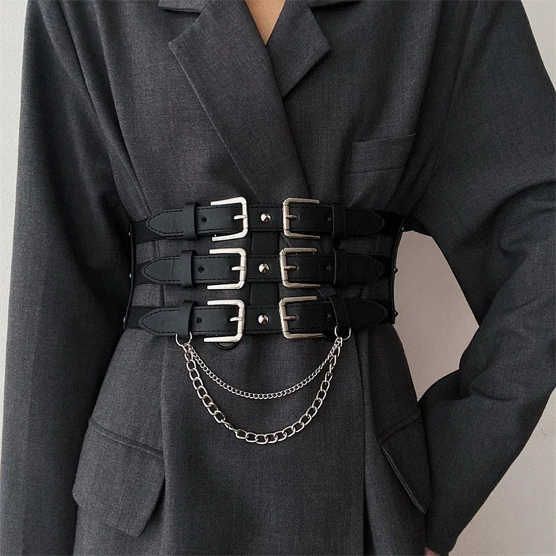 Punk Chain Cummerbund Decorative Corset  Women Underbust Luxury Designer Vintage Tunic Leather Ladies Dress Waist Belts PJ541