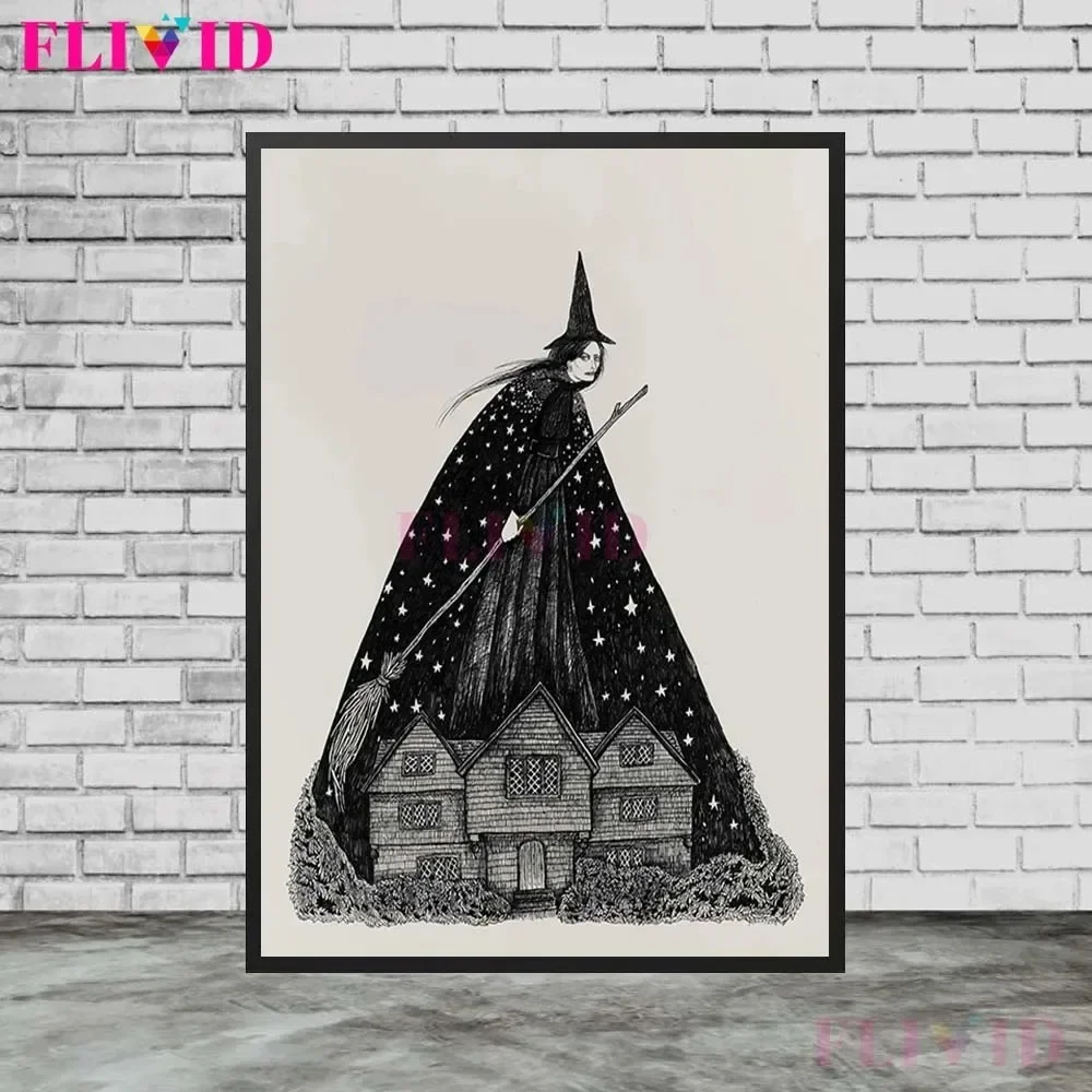 قماش اللوحة الساحرة الوثنية ، فتاة الخفافيش ، القمر الكاهن ، خمر جدار الفن السحر الشعبي التوضيح الفن ، المشارك والطباعة ديكور المنزل #5