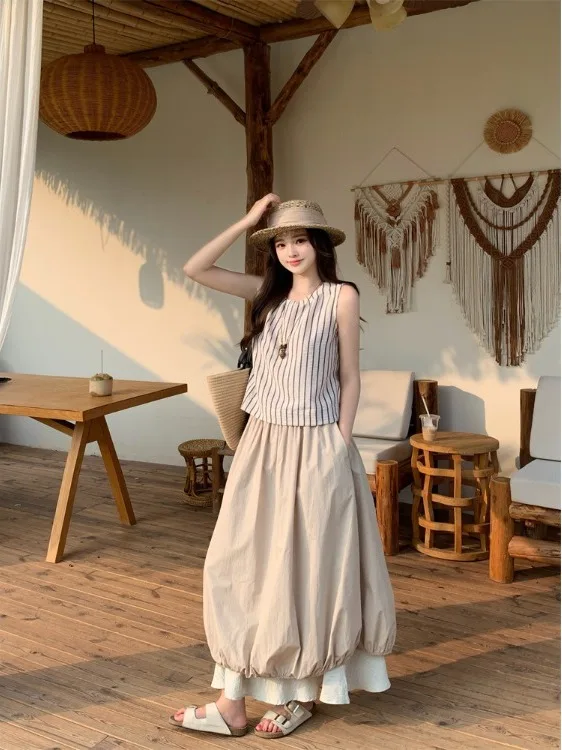 

plus Size Women's Summer Stripe Sleeveless Top And Skirt Set Slimming High Waist A-Line Midi Dress Casual Comfortable Fashion