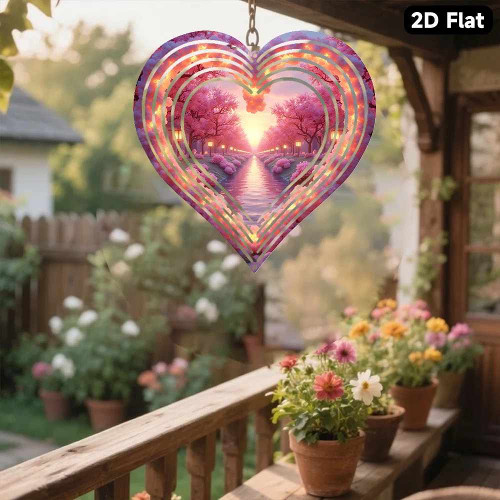 2D Flat Dimensional Flat Metal Wind Chime, Decorative Hanging Piece, Serene Cherry Otherworldly Sunset Radiance with Drifting