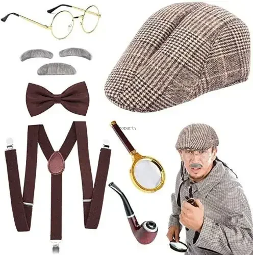 Roaring 20s Costumes Men Great Gasby Accessories Hat Magnifying Glass Elastic Y-Back Suspender Bow Tie Beard Eyebrows Glasses