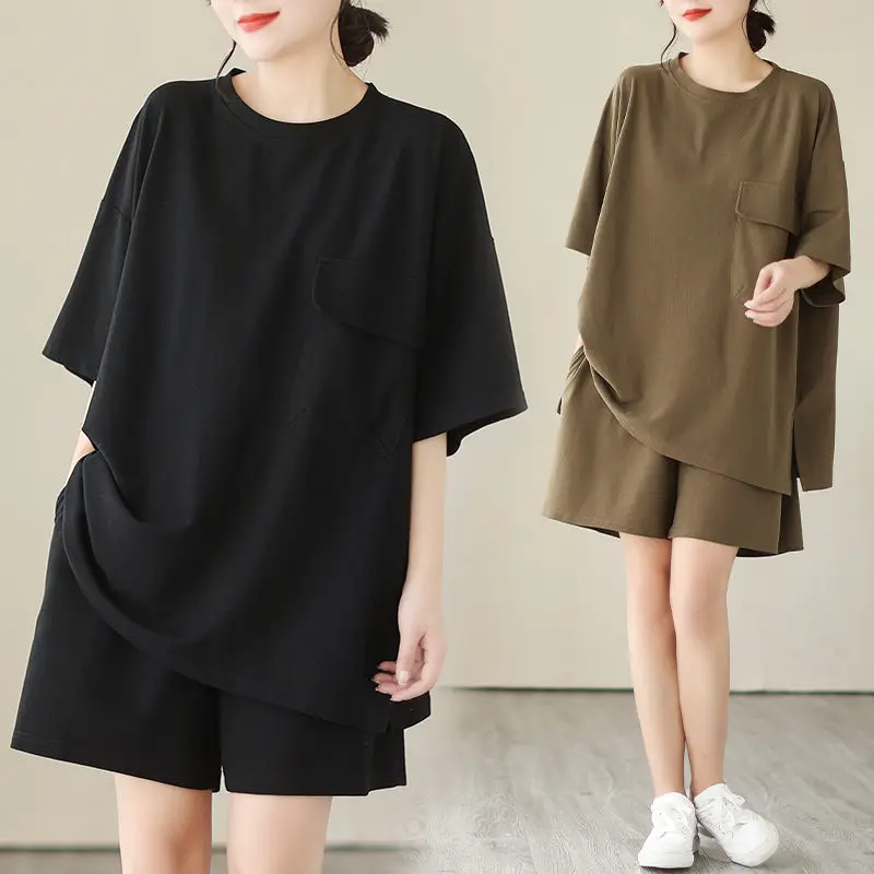 

Women's Set 2023 Summer New Large Size Loose Art Casual Tops And Shorts Two Piece Tracksuit Female Outfits Z1103