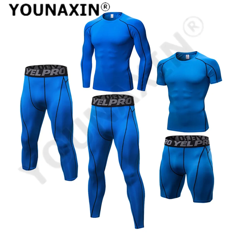 

Men Blue T-shirts Fitness Gym Running Shorts Training Top Breathable Cropped Pants Trousers Sportswear S M L XL 2XL