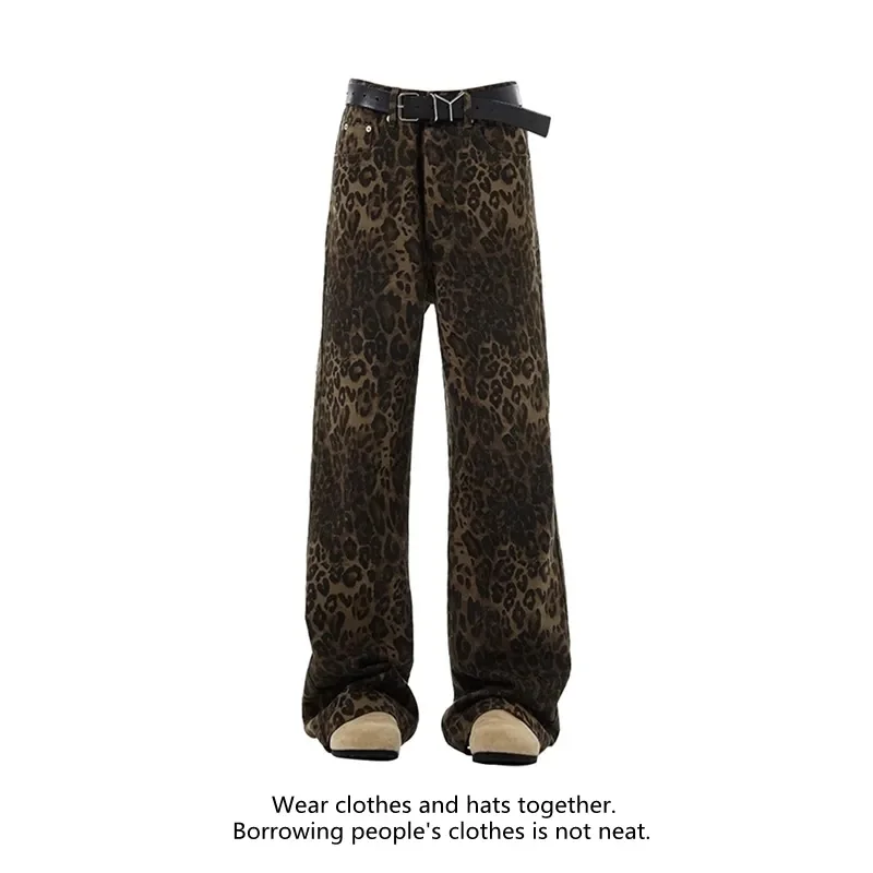 Female Retro Designer Straight Leg Jeans Pants Lady Fashion High Waist Denim Pants Women Leopard Print Baggy Trousers