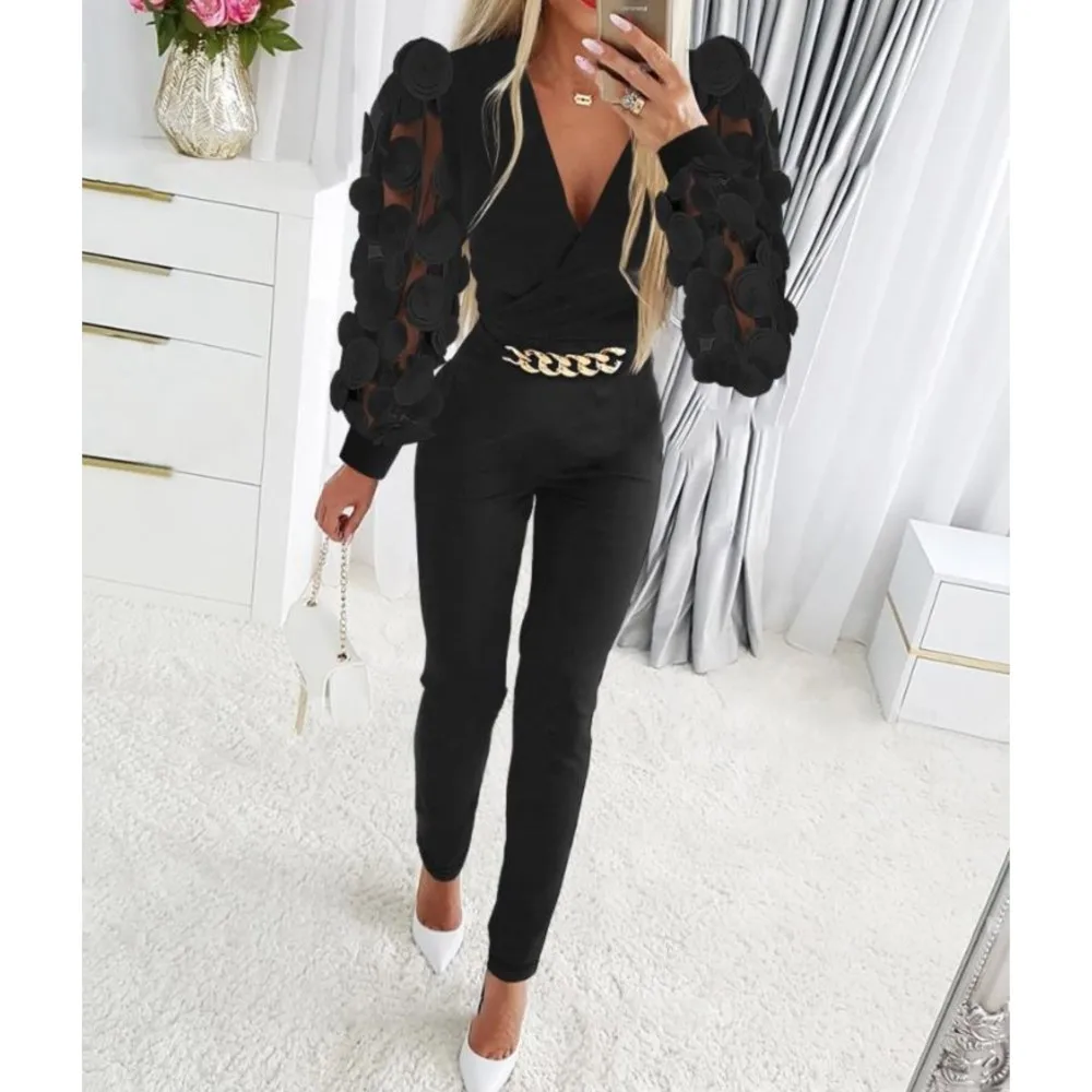 

Sexy Mesh Hollow Puff Sleeves Solid Color Jumpsuit 2024 Autumn Women's Slim Chain Splicing One Piece Pants Female Y2K Playsuits