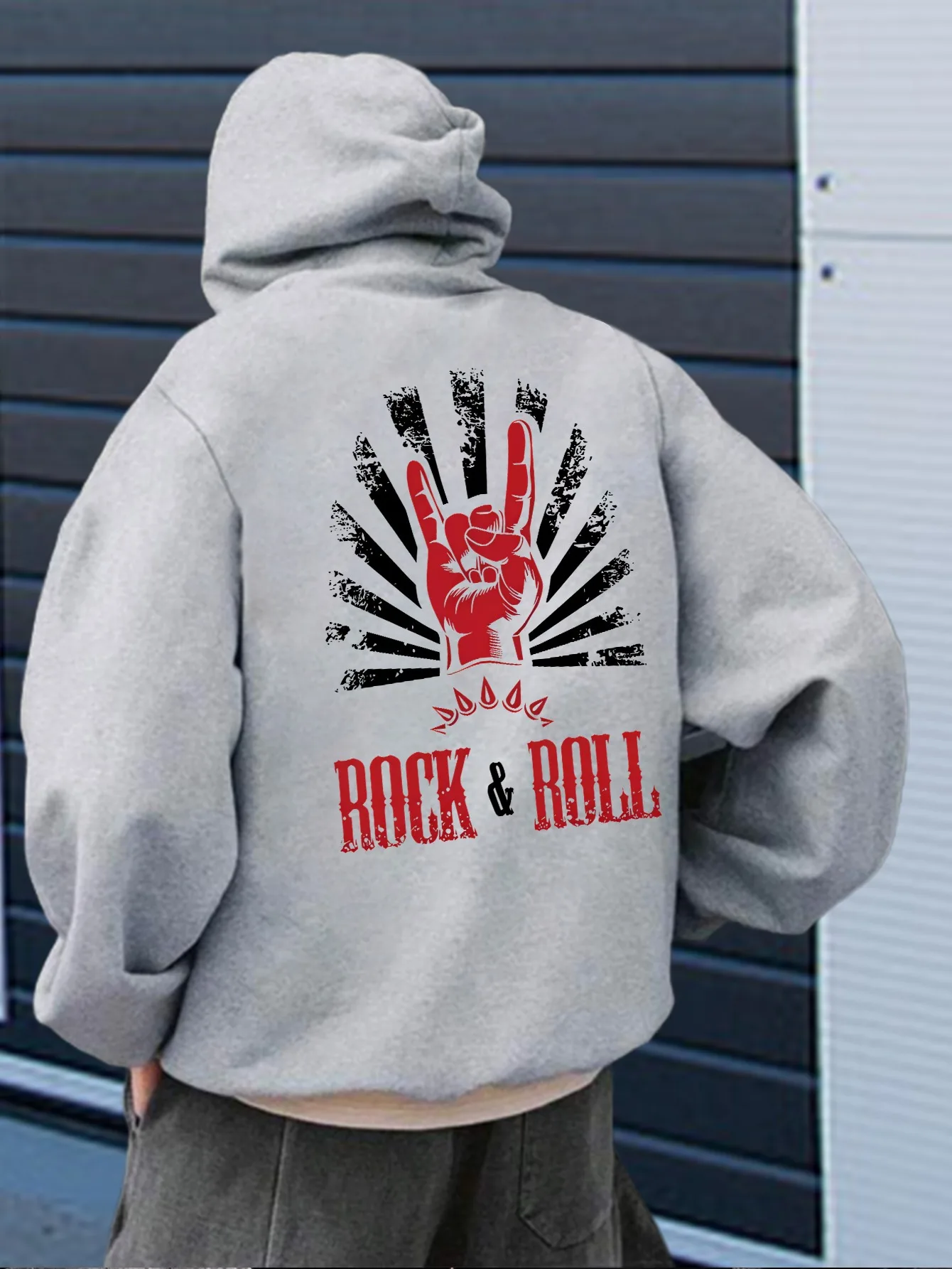 Music High Street Men's Loose Hooded Sweatshirt with Rock Gestures, Vintage Distressed Graphic Elements, Back Printed Hoodie