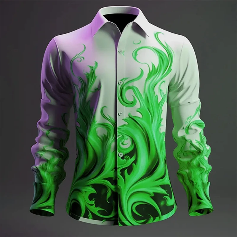 Shirts For Men 3d Flame Printed Fashion Casual Long Sleeved Shirts High Quality Men\'s Clothing Street Harajuku Sportswear Shirts