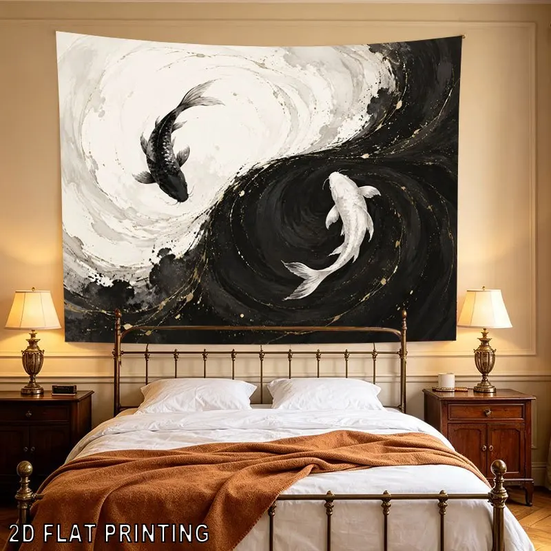 Ink Koi Fish Wall Tapestry, Yin Yang Black White Carp with Gold Splash, Oriental Abstract Art Hanging for Living Room Wall Decor