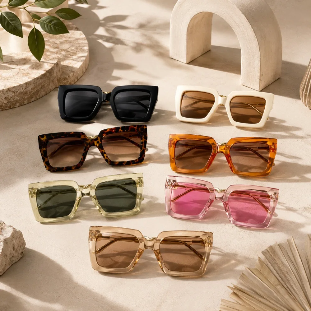 7PCS Oversized Square Sunglasses with Thick Frames, Fashionable Tinted Lenses, Transparent Jelly-colored Glasses with A Retro Y2K Style, Unisex Fashion Glasses Suitable for Holiday and Daily Wear, Transparent Large-frame Tinted Lenses