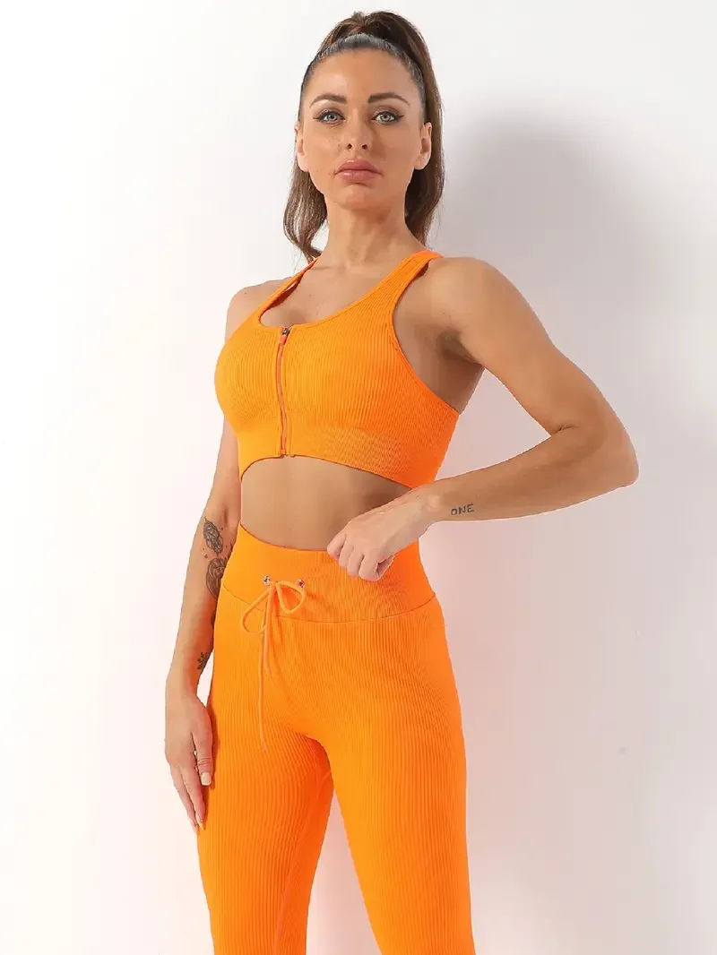 

Threaded Fitness Outfits Set, Zipper Bra & High Waisted Leggings With Drawstring