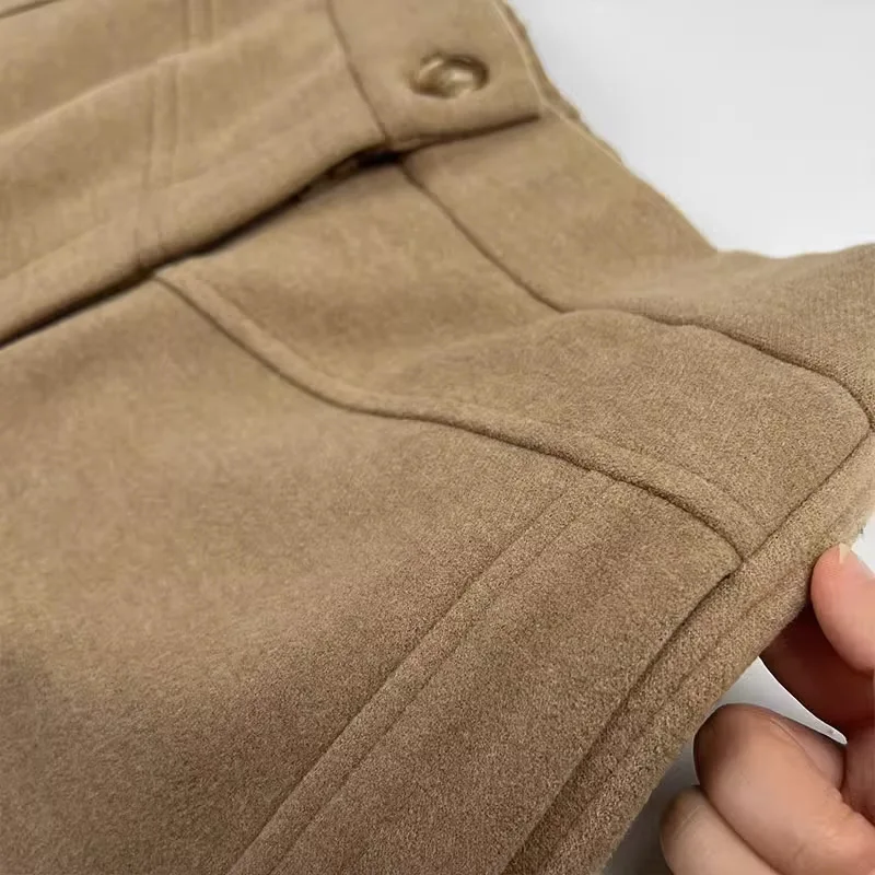 Hot Selling 2025 Autumn/winter Solid Color Wool Curved Knife Cut Thick and Warm Elastic Waist Pants