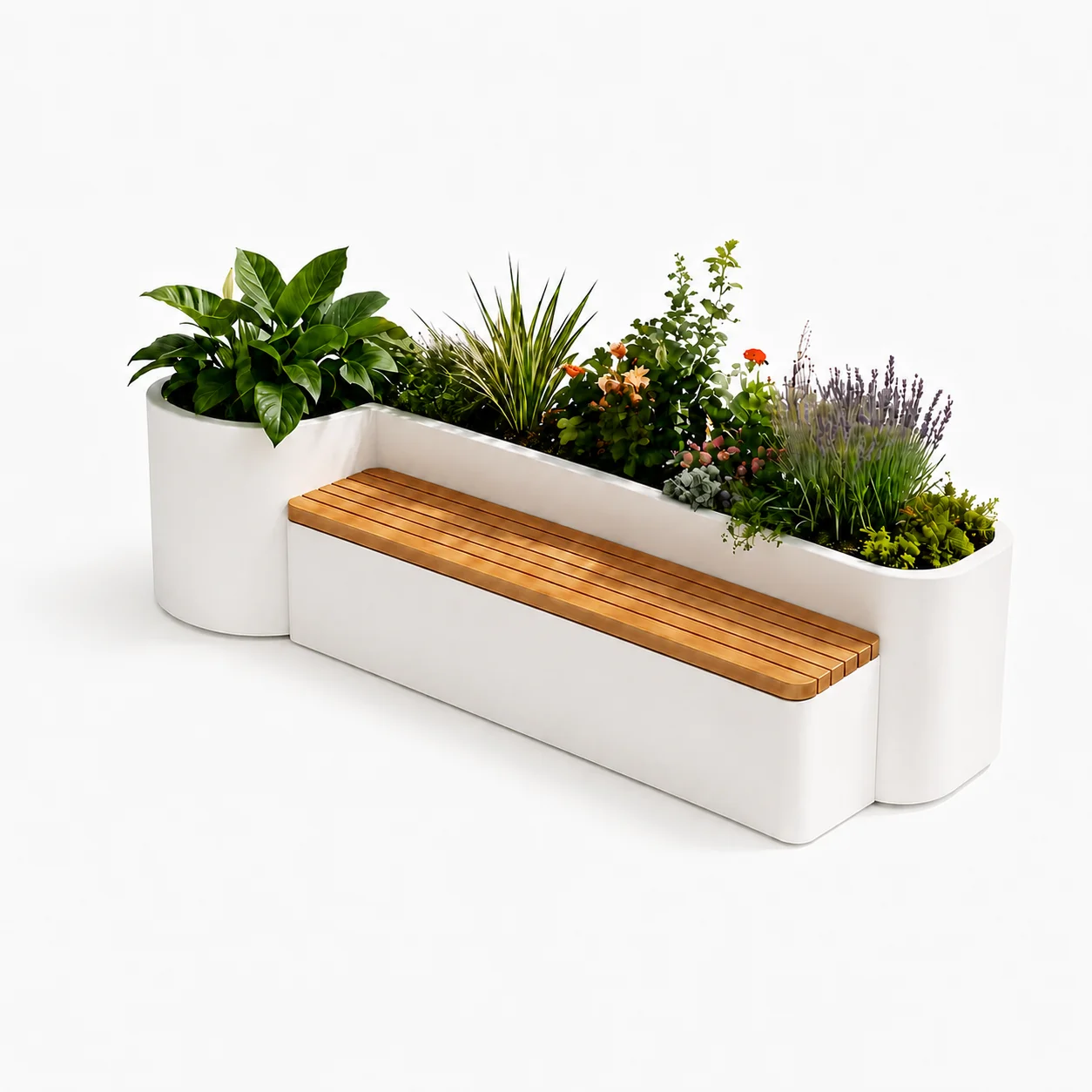 Modern Planter Bench Combination Integrated Flower Box Seating with Wooden Seat for Commercial scape Public Spaces