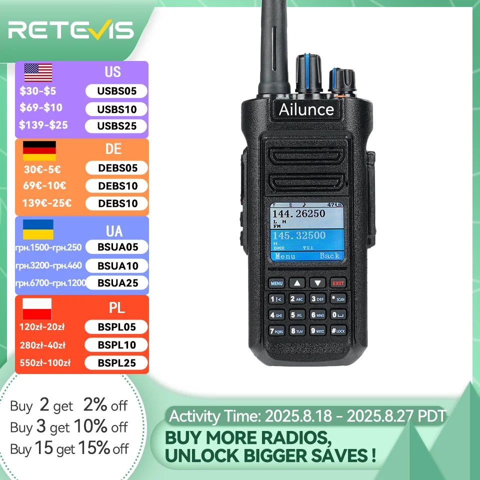 

Retevis Ailunce HD2 10W рация DMR радиостанции цифровой рации UHF VHF радиостанция мощная Bluetooth-совместимый радио Водонепроницаемость IP67 трансивер ham radio walkie talkie type-c большой радиус действия