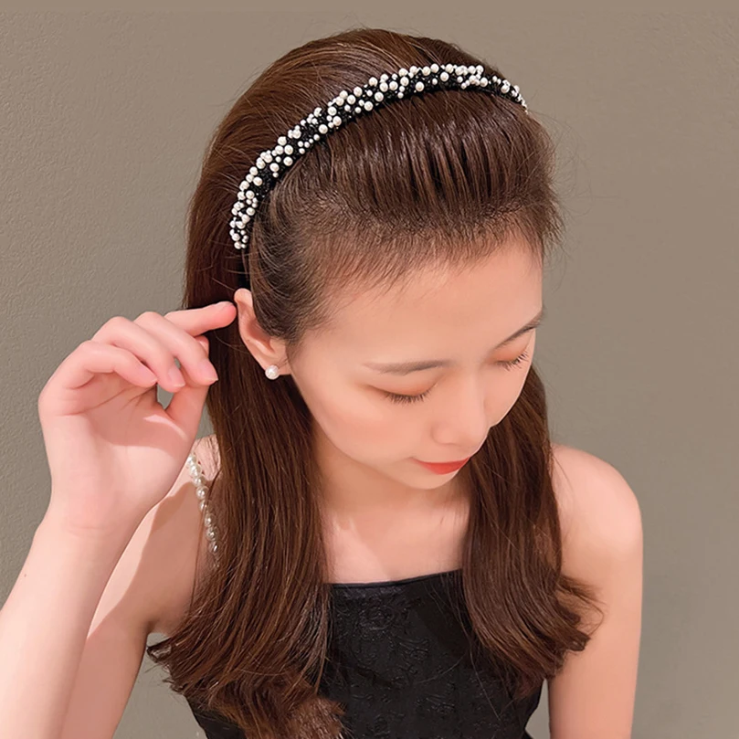 AWAYTR-Hairband antiderrapante pérola e strass para mulheres, bandana com dentes, aro, acessórios de cabelo fashion