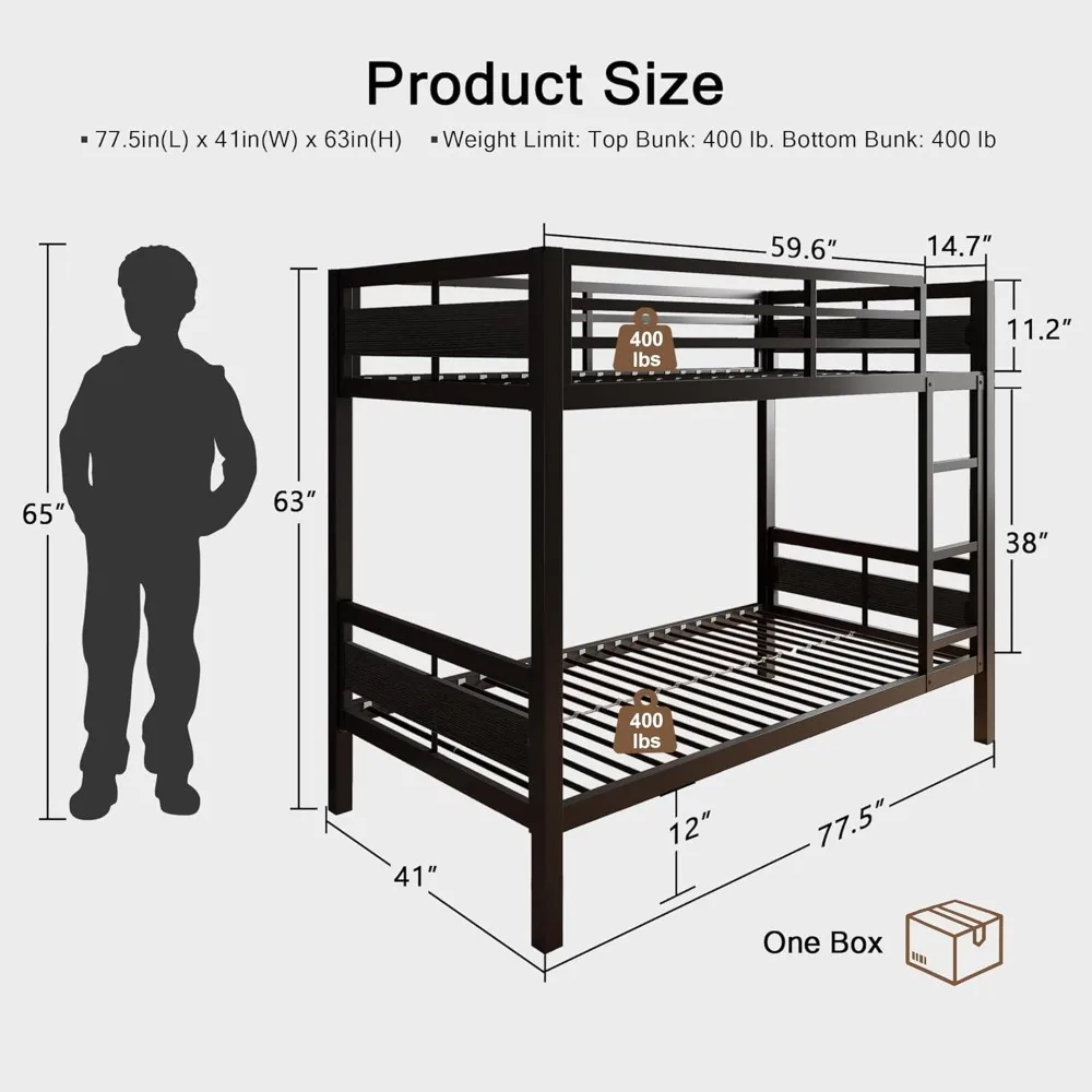 Bunk Bed Twin Over Twin,Heavy Duty Metal Bed with Ladder and Full-Length Guardrail,Under-Bed Storage Space, No Box Spring Needed