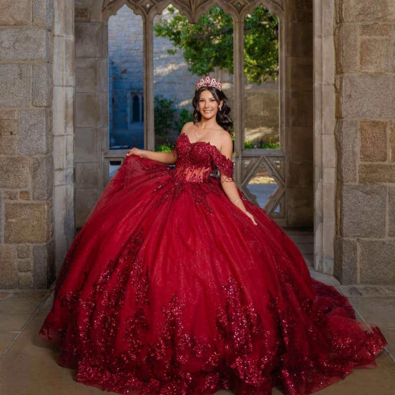 Red Glitter Quinceanera Dresses Off Shoulder Ball Gown Sweet 16 Dress Applique Beading Bow Tull Party Birthday Vestidos 15 de