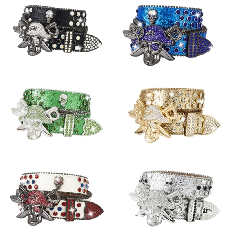 Shimmering Belt for Pants Jeans Sequined Rhinestones Studded Skull Buckle Belt Women Men Wasitband Formal Casual Belts