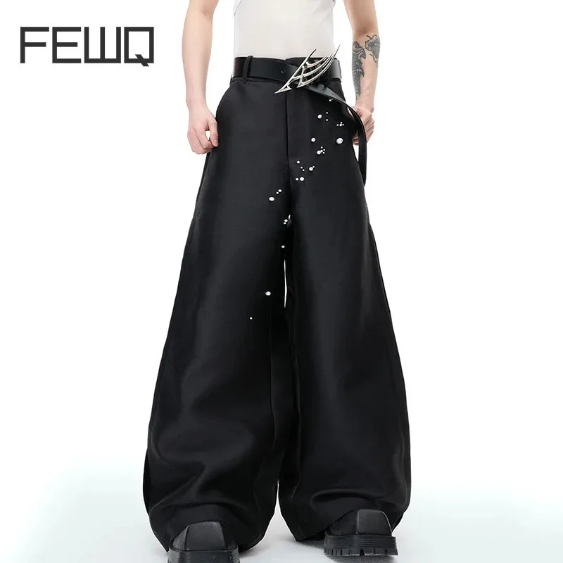 FEWQ Pearl Decoration Men's Suit Pants Niche Design Solid Color Trousers Straight Wide Leg Loose Male Bottom Spring 2025 24K1311