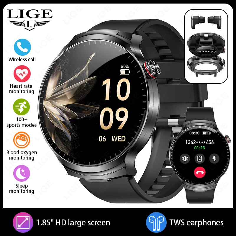 LIGE 2026 Smart Watch 2 in 1 mit Kopfhörer Smartwatch Bluetooth Anruf Männer Uhr AI Stimme Herzfrequenzmesser Musik spielen SmartWatch 8