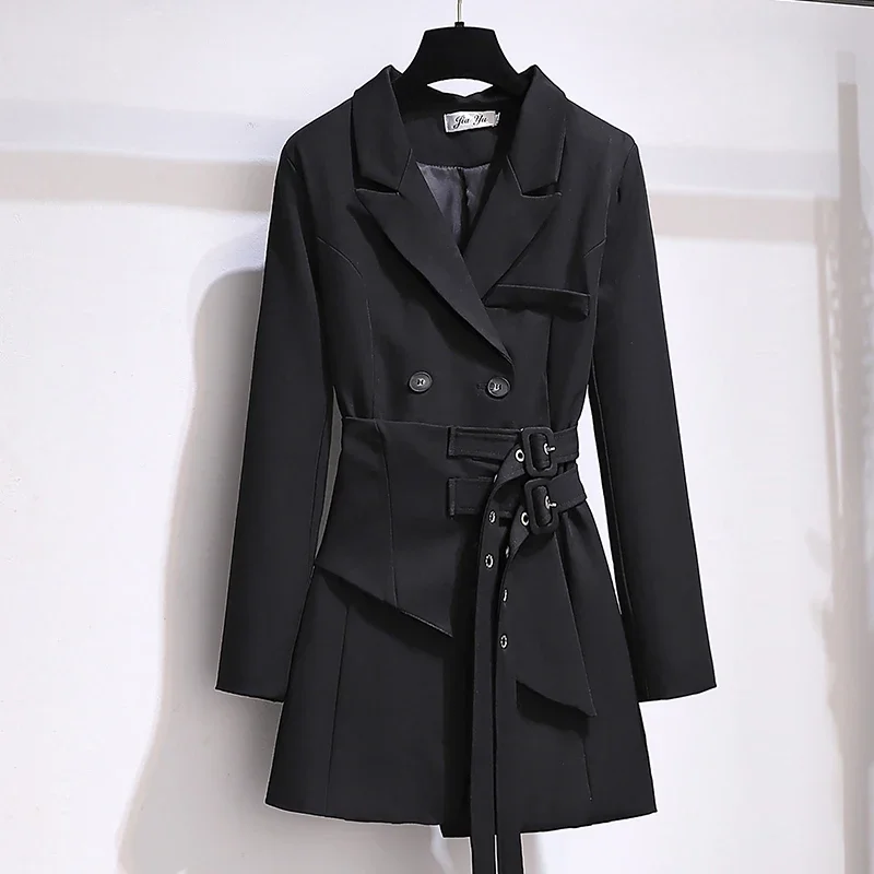 Mode Unregelmäßige Taille Dünne Anzug Jacke Frauen Frühjahr Neue Kerb Kragen Zweireiher Langarm Blazer Mantel Aprikose Schwarz